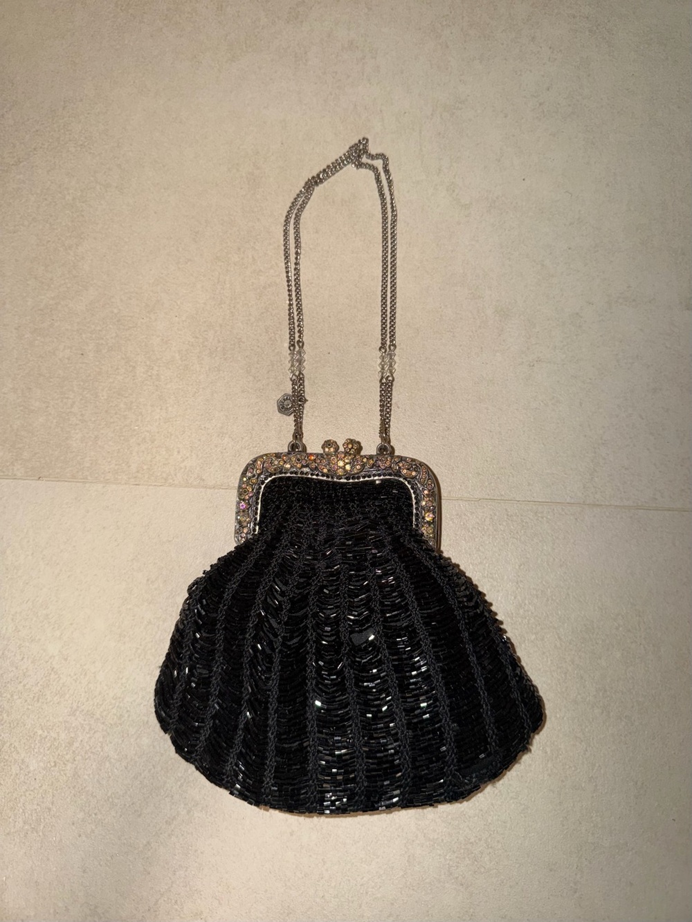 Black Sequined Evening Handbag with Rhinestone Frame